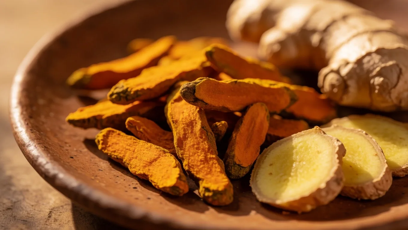 Dried turmeric roots and ginger