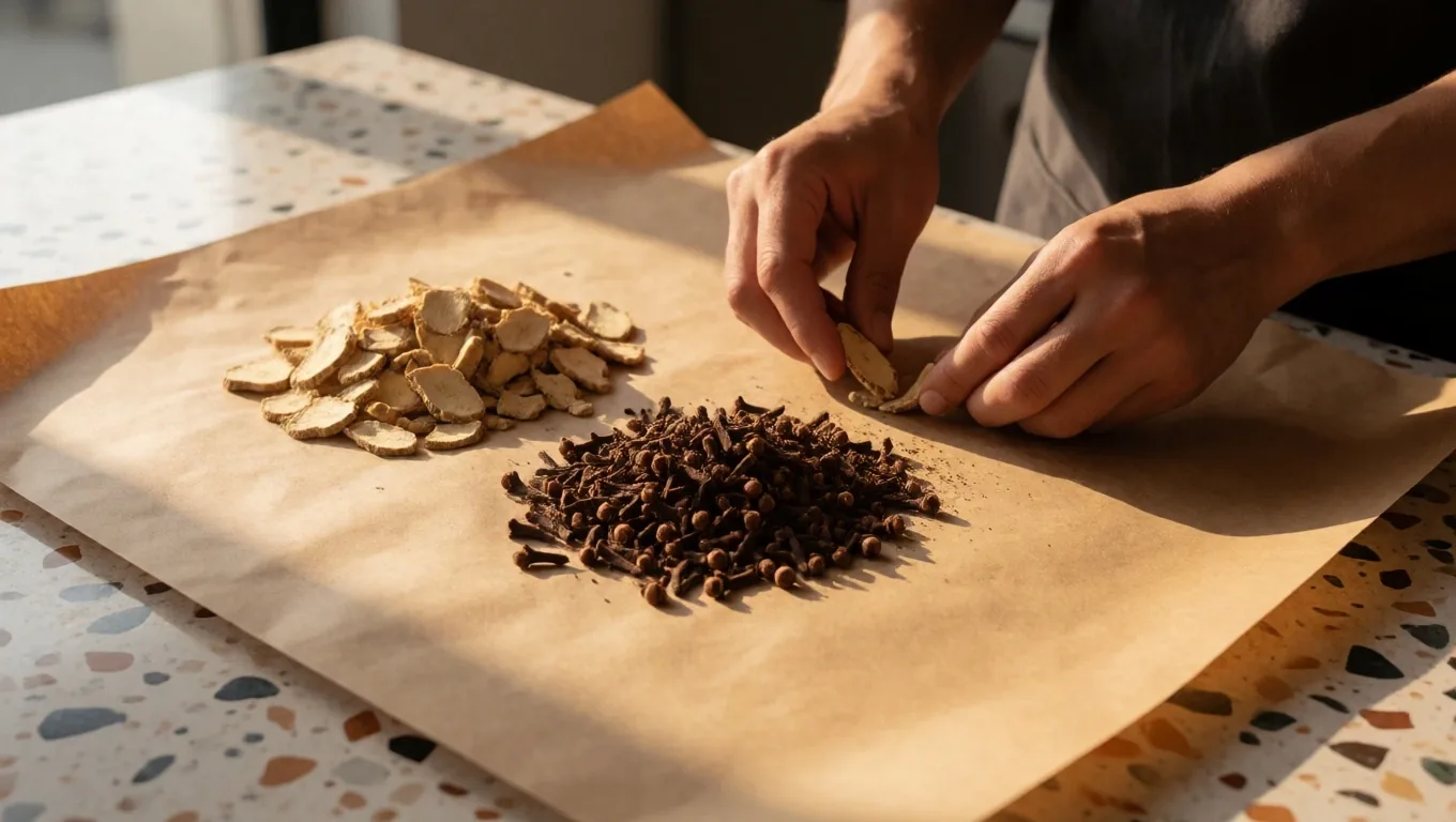 Hands sorting dried herbs on kraft paper