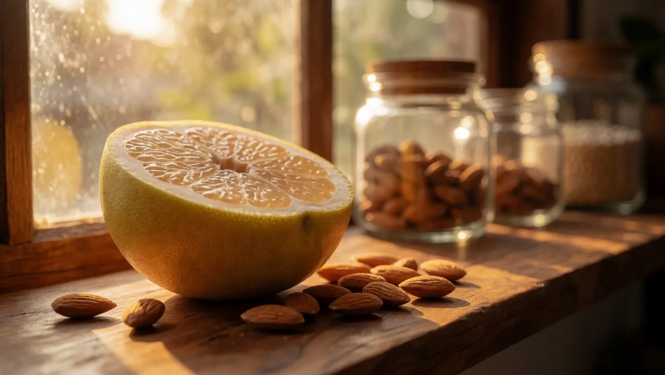 Citrus and nuts in glass jars on a wooden shelf