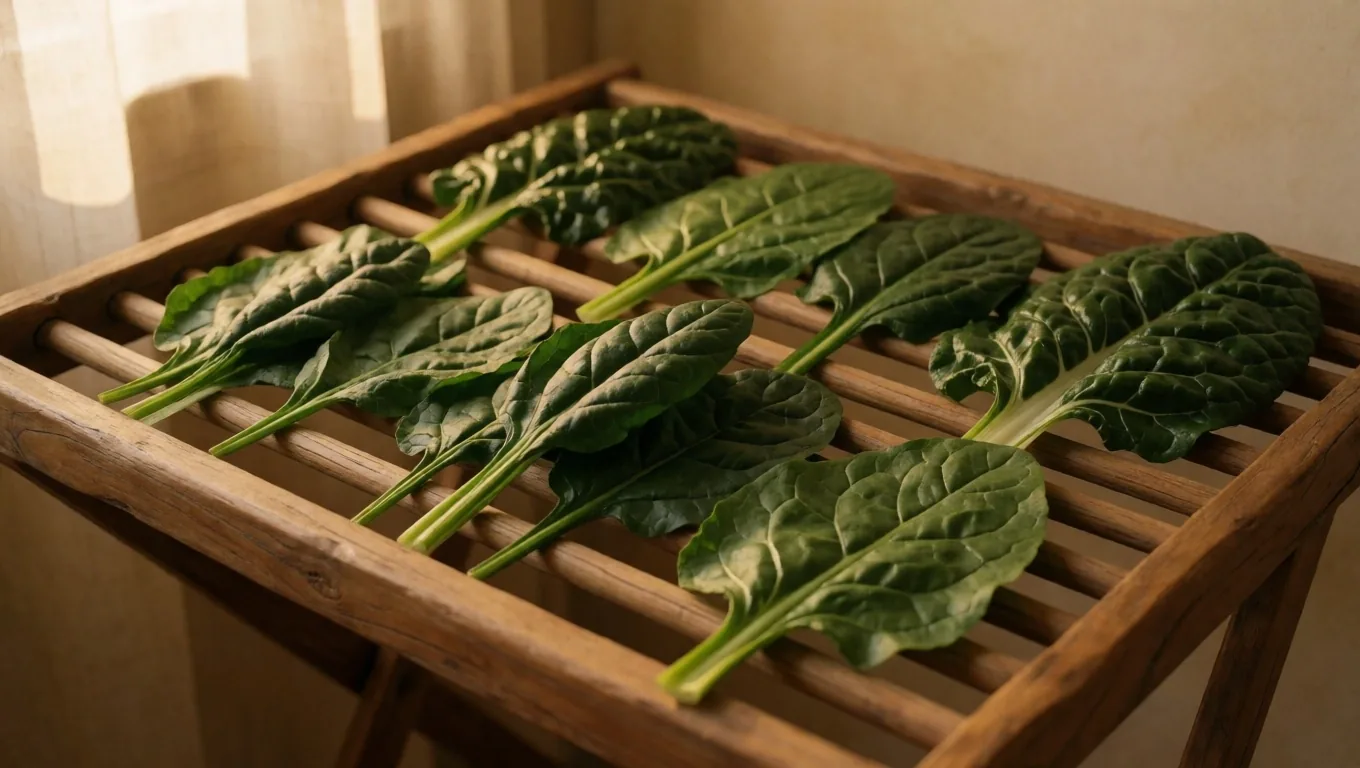 Magnesium-rich leafy greens on a wooden drying shelf