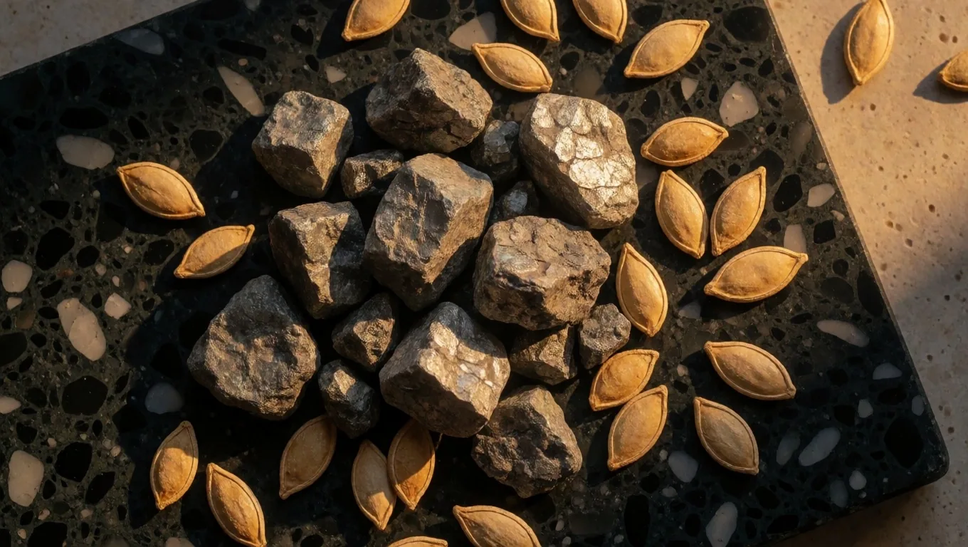 Zinc ore and pumpkin seeds on terrazzo