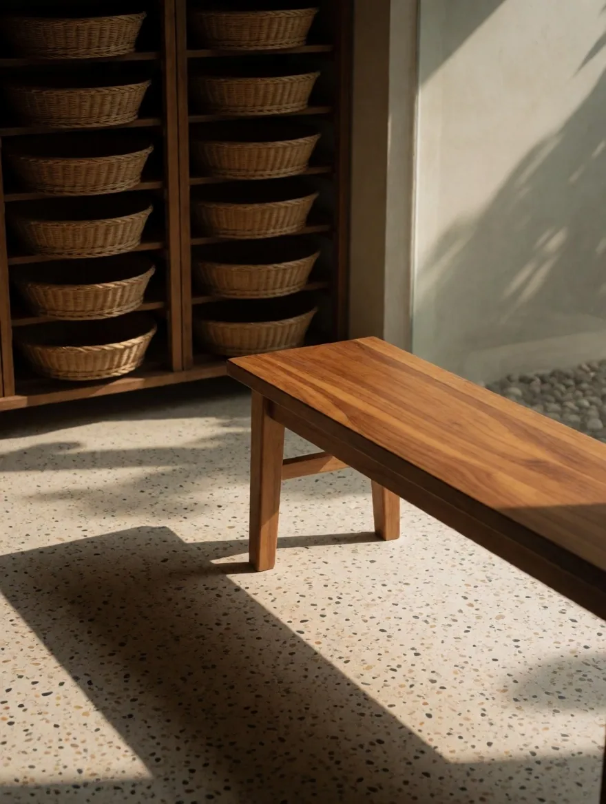 Amber-lit terrazzo slab in a Bandung ingredient atelier