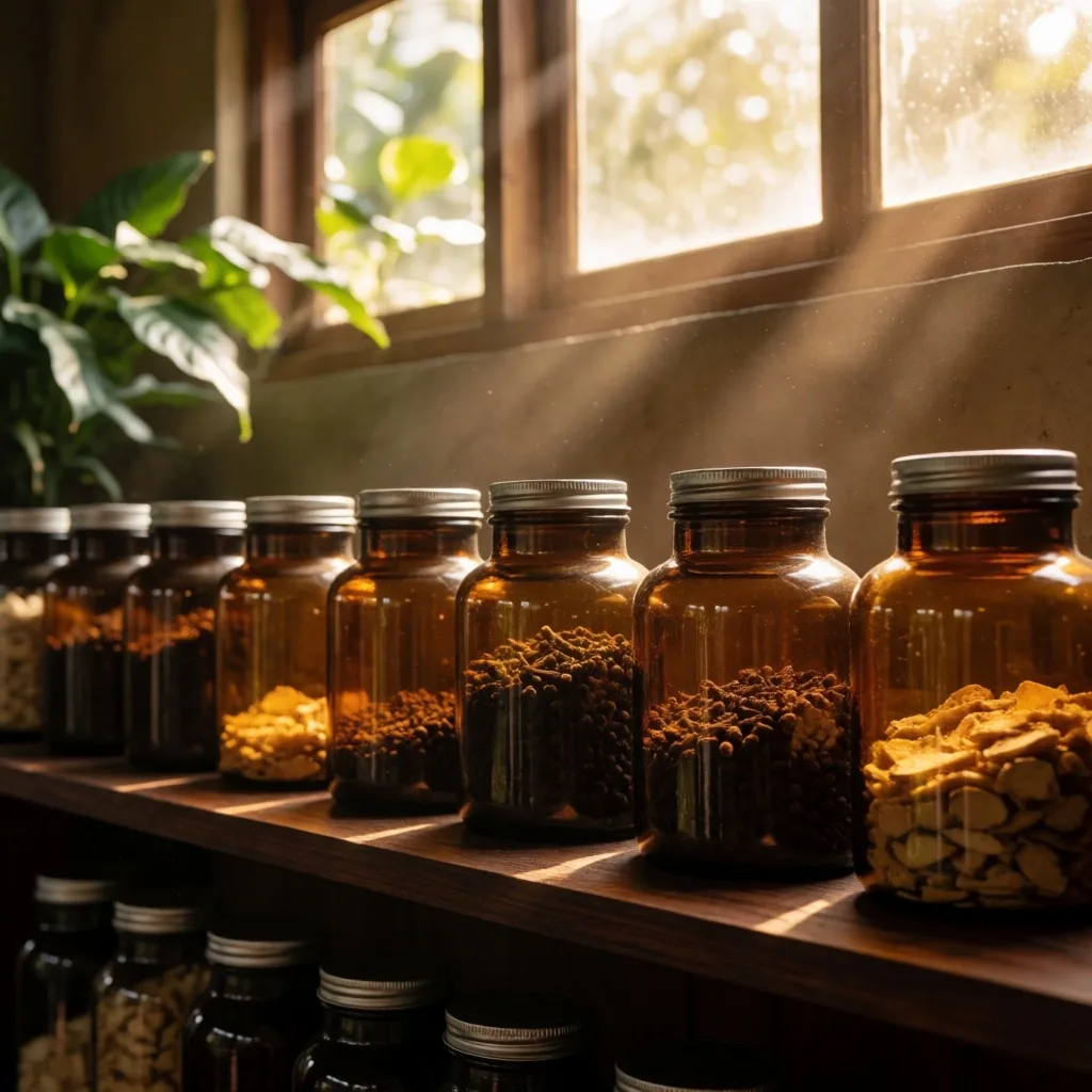Amber glass jars of dried ingredients on a wooden shelf