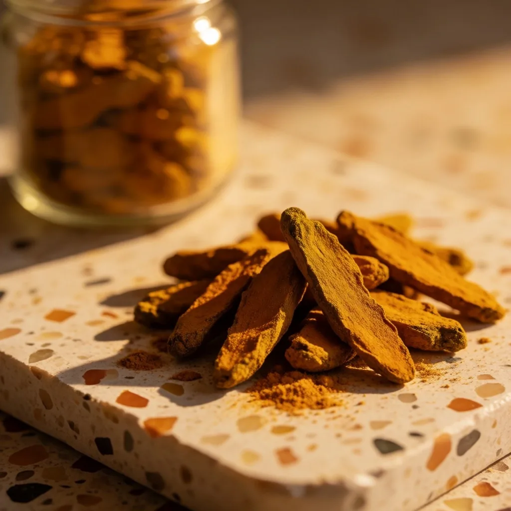 Dried turmeric roots on a terrazzo surface