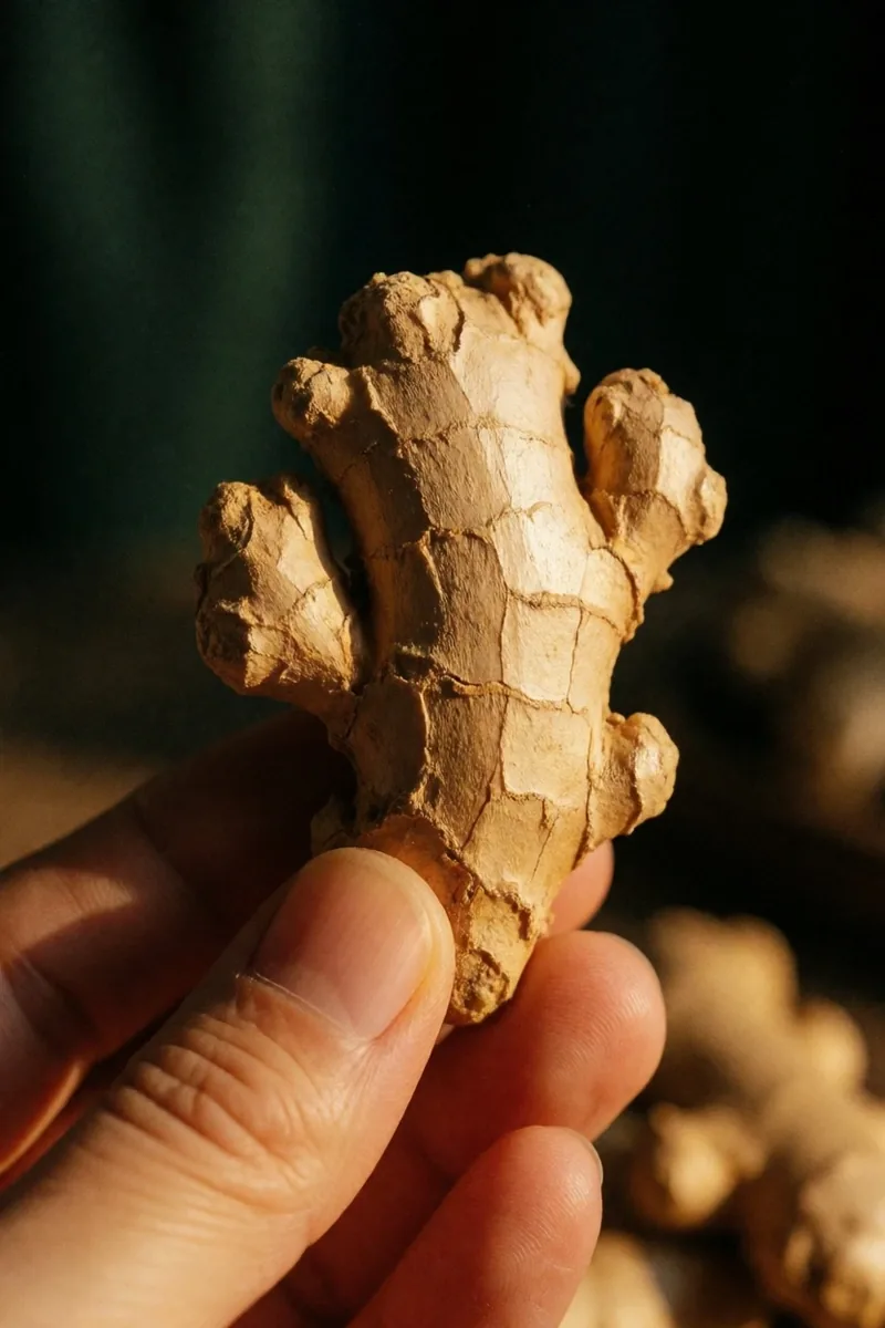 Hand holding dried ginger root