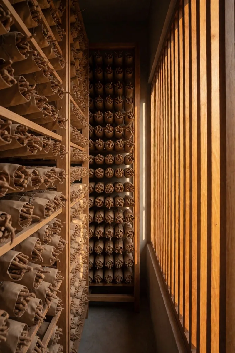 Wooden drying shelves holding kraft-wrapped ingredient bundles