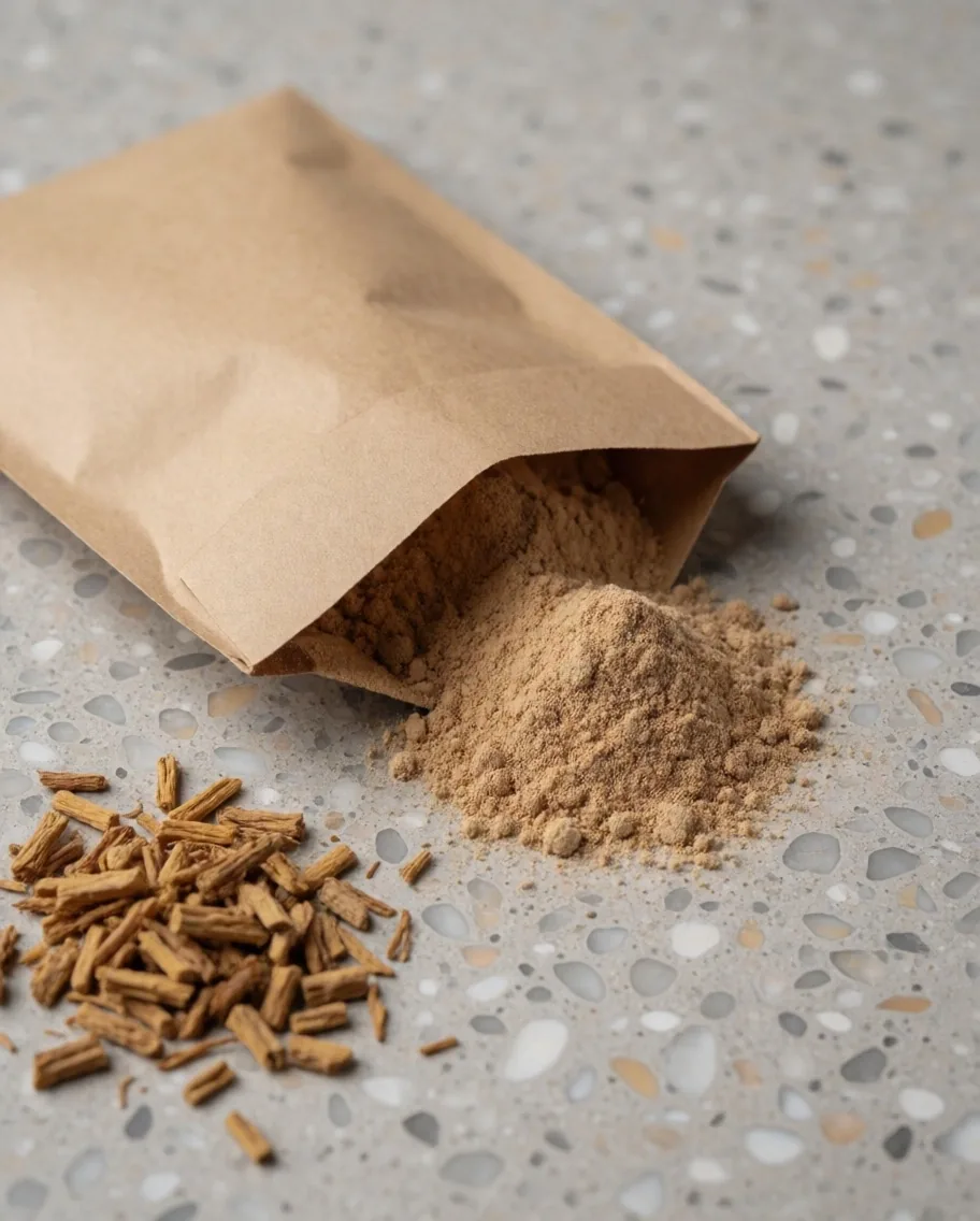 Ashwagandha powder and Rhodiola Rosea roots on terrazzo