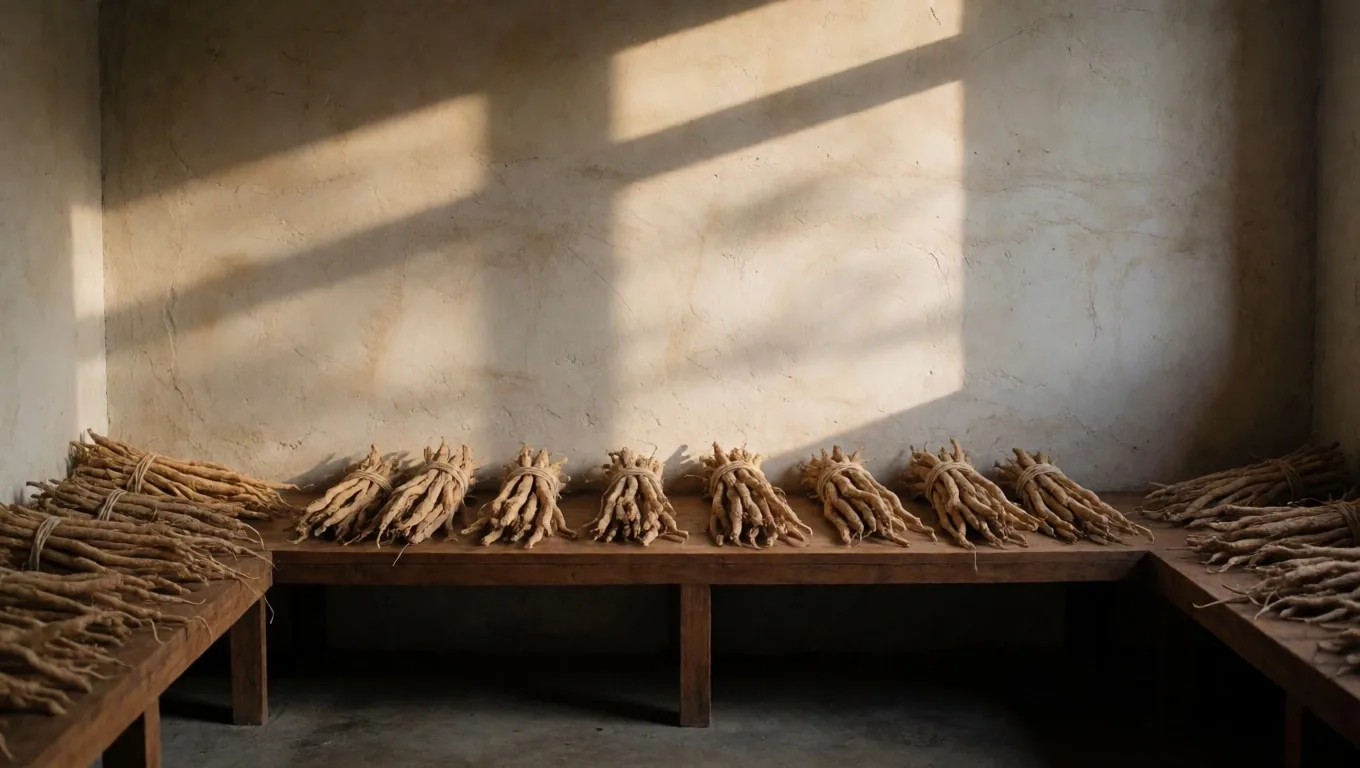Dried Tongkat Ali roots on a wooden drying shelf