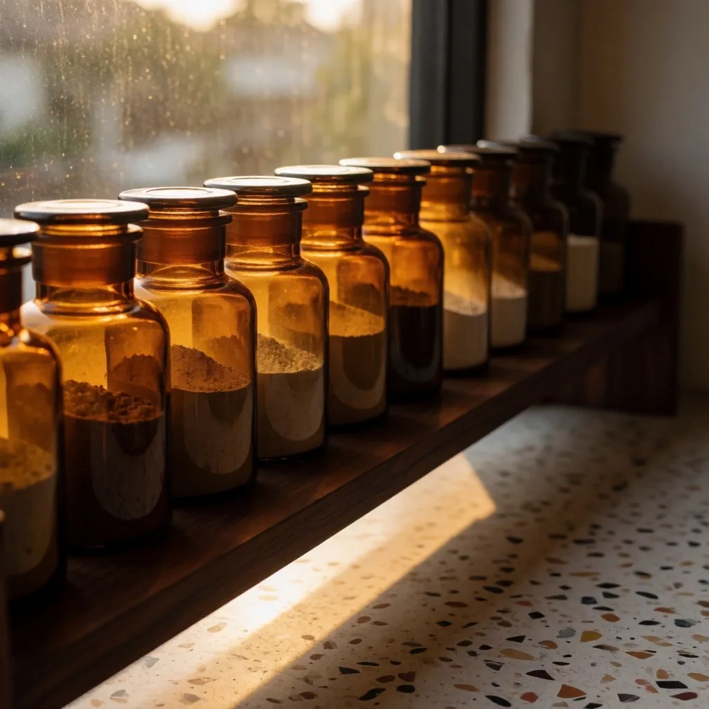 Glass jars of herbal powders on a shelf