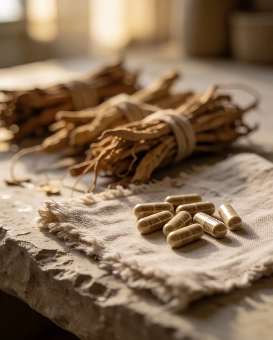 Slow-release herbal capsules on an atelier bench