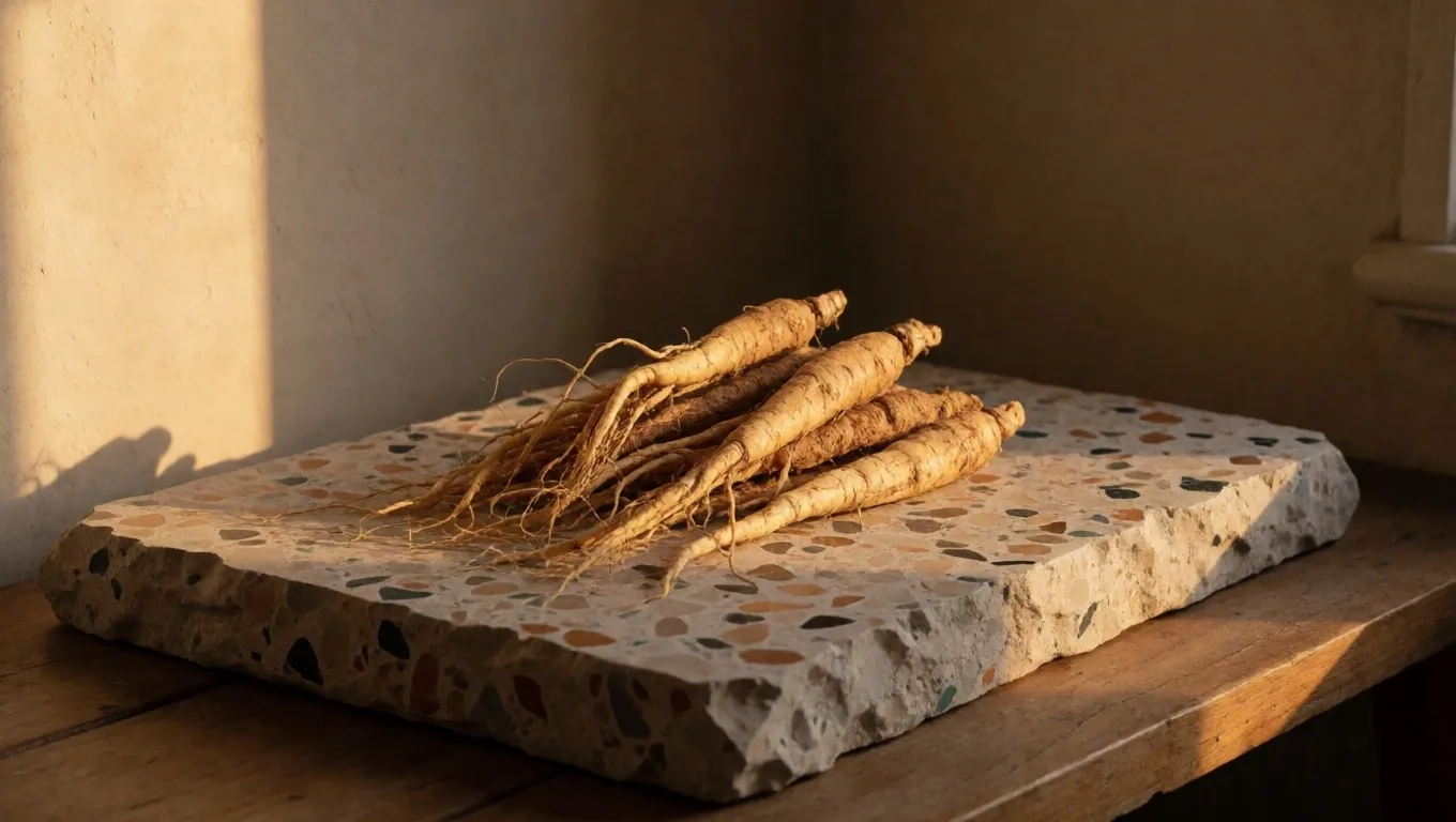 Tongkat Ali and Panax Ginseng roots on a terrazzo slab
