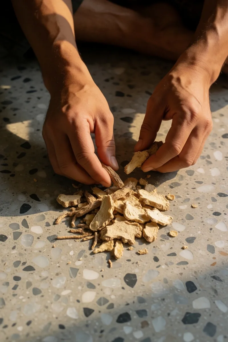 Hands sorting dried herbs on terrazzo surface