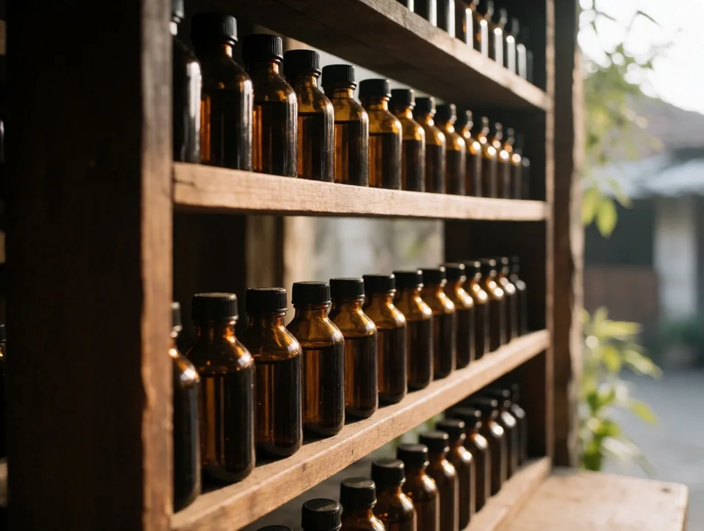 Wooden drying shelf with herbal tincture bottles