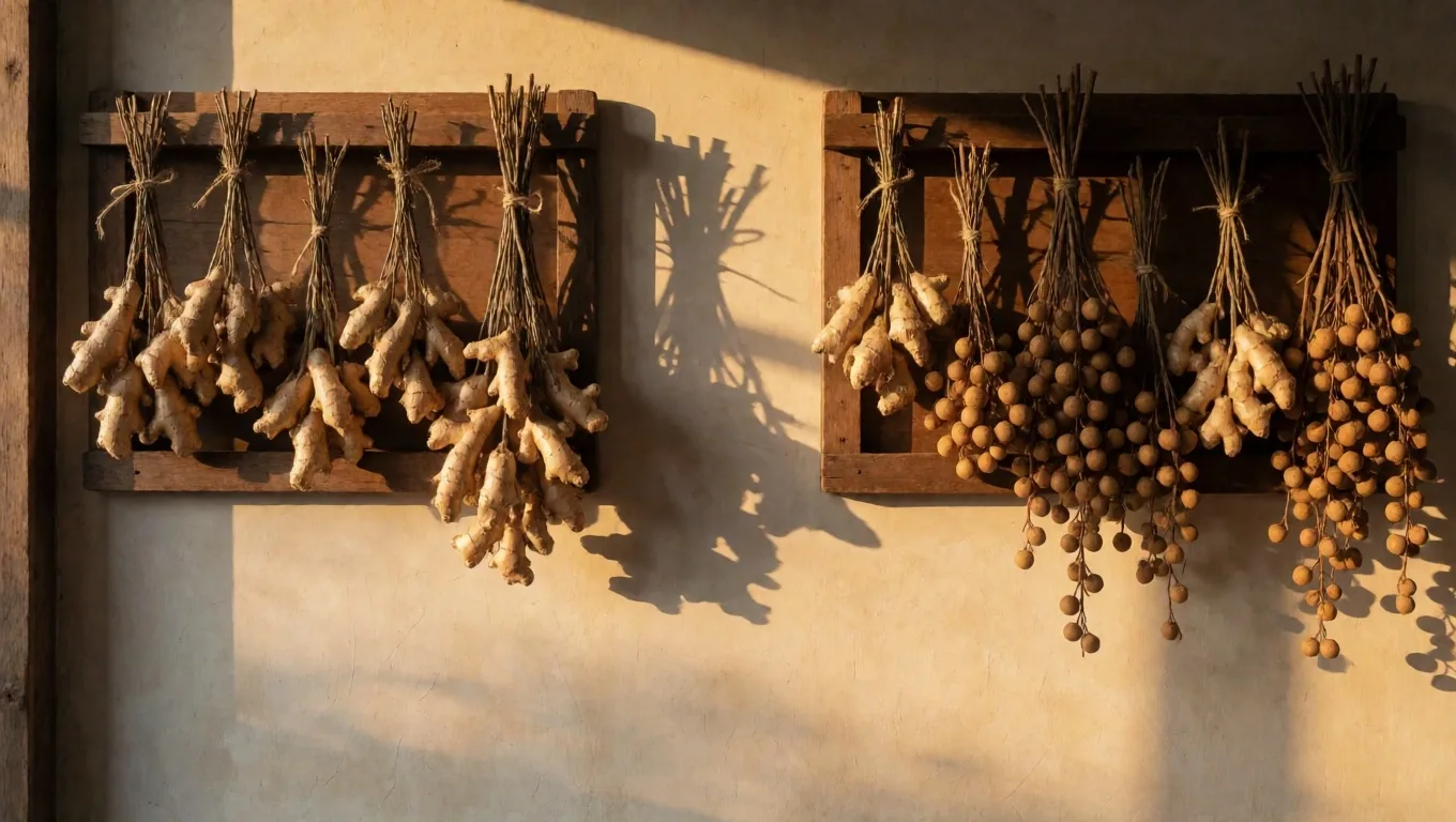 Bandung herb atelier interior at 4pm with amber light on drying shelves