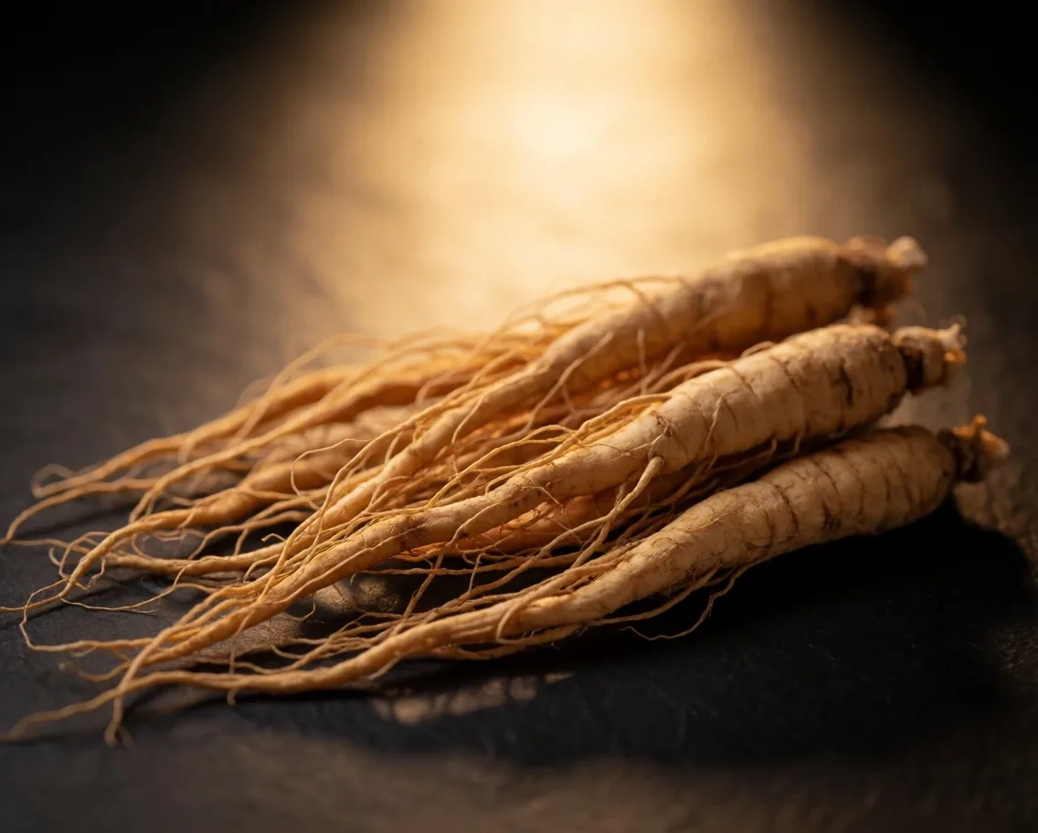 Dried ginseng roots on dark slate