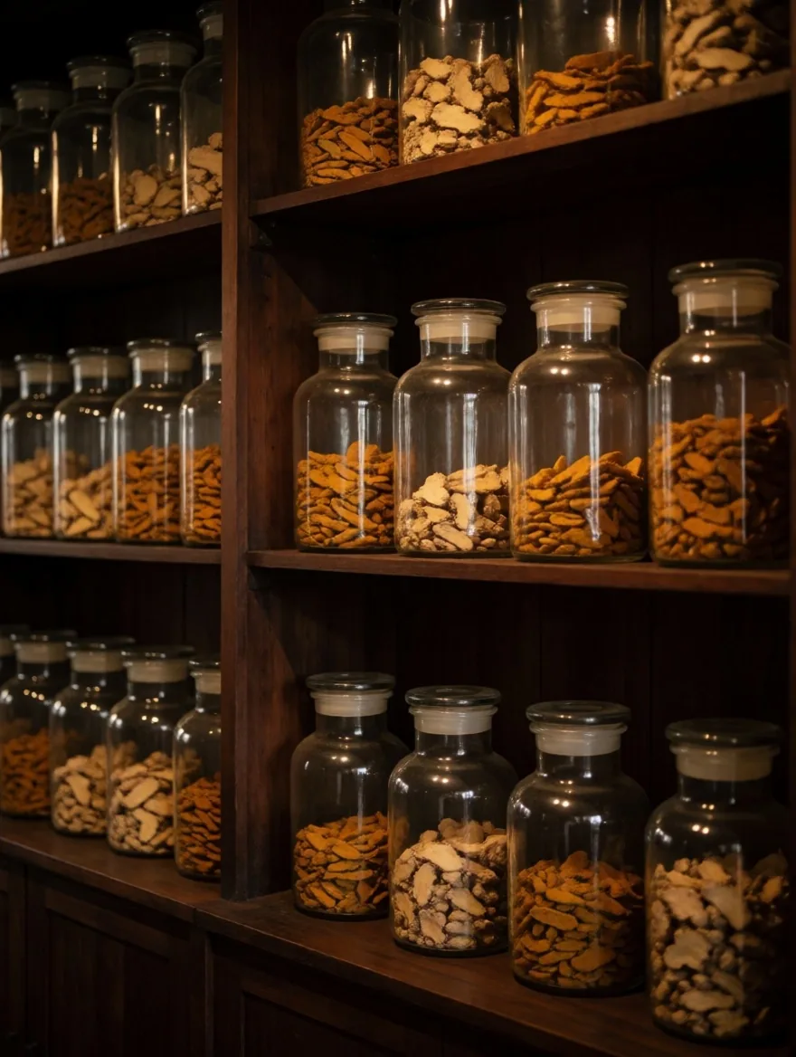 Glass jars of dried herbs on wooden atelier shelves