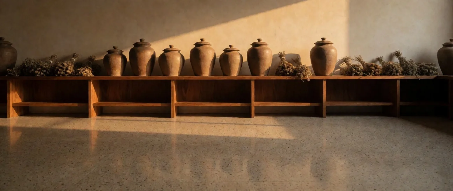 Terrazzo countertop in Bandung atelier with amber light