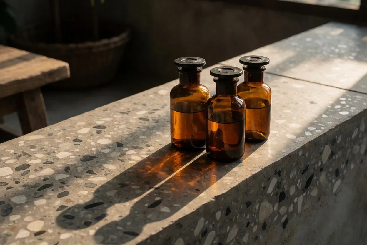 Amber glass tincture bottles on a terrazzo slab in warm afternoon light with kraft paper labels