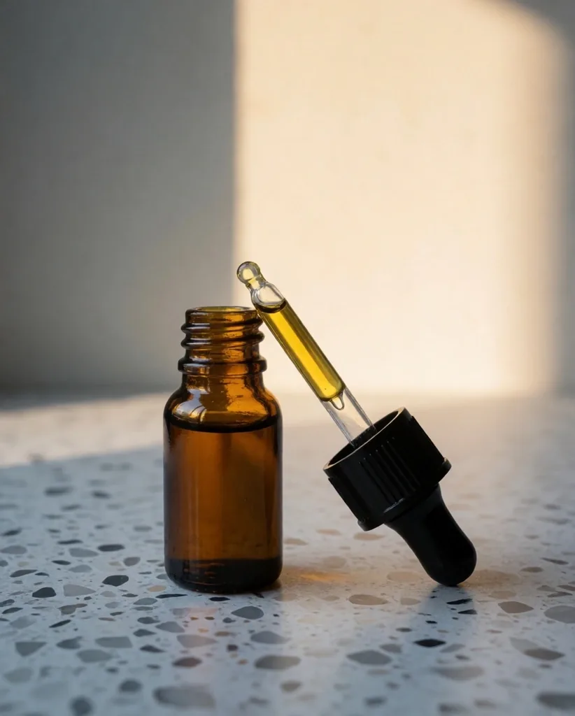 Amber dropper bottle of liquid extract on a terrazzo counter
