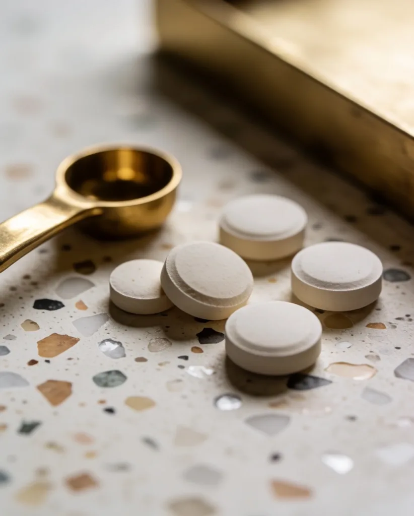 Compressed tablets on a terrazzo slab with a brass ruler