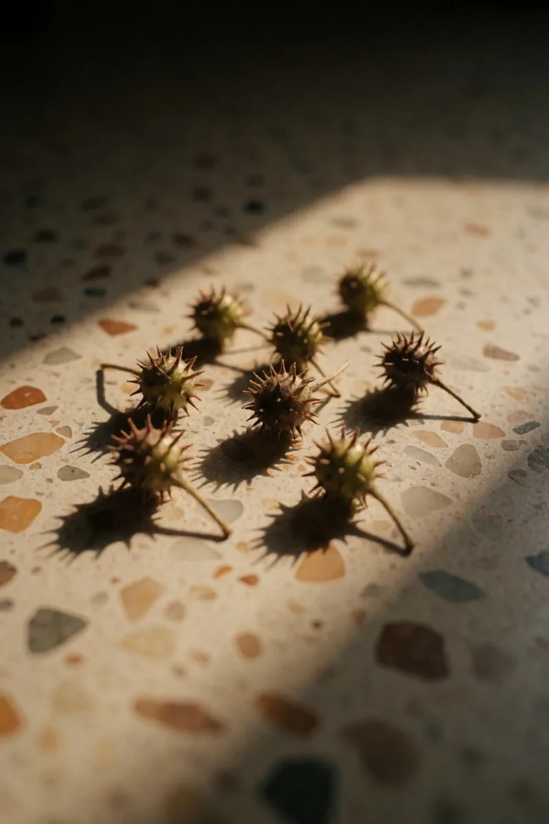 Dried tribulus terrestris on a terrazzo slab under amber light