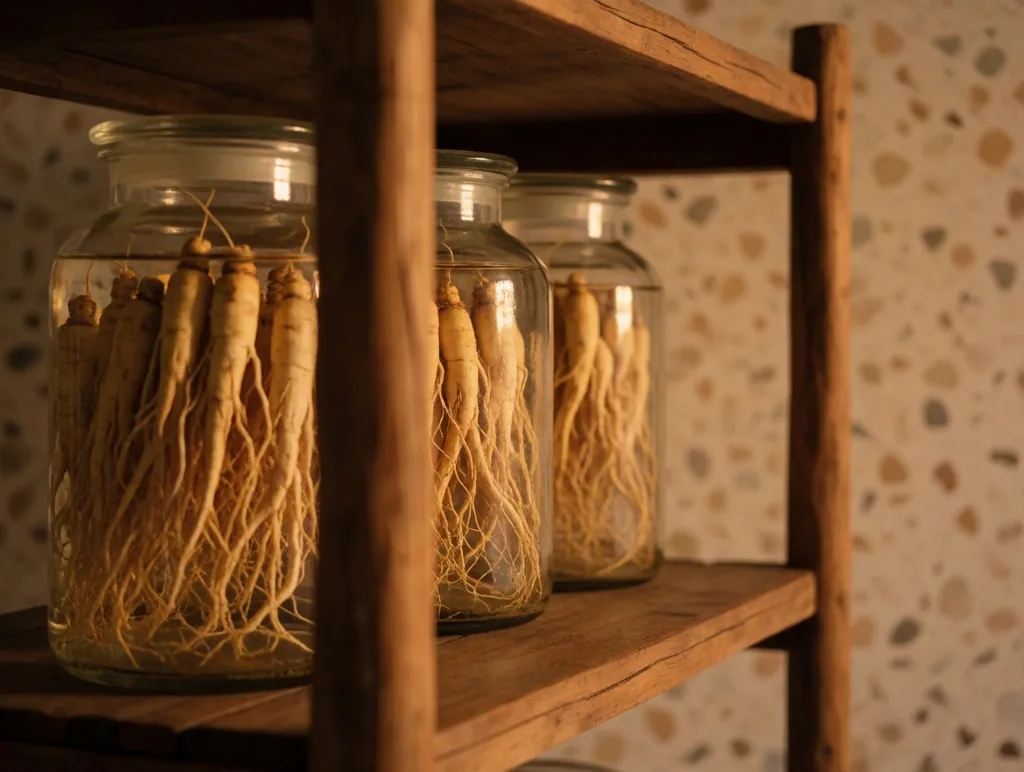 Ginseng root in glass jars on a kraft-labeled drying shelf