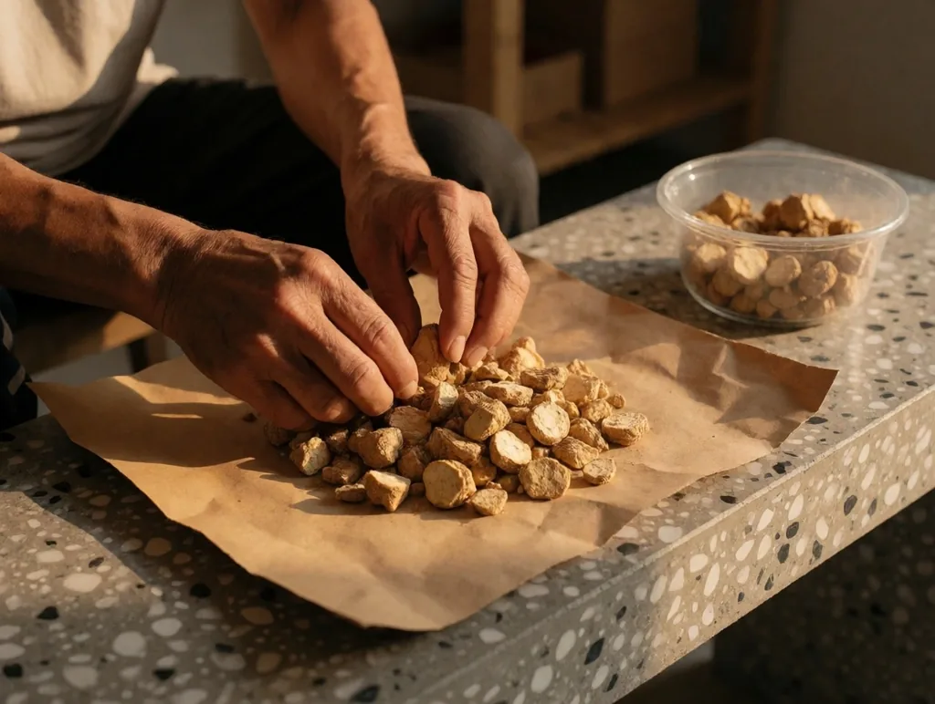 Hands sorting dried maca root on kraft paper at a terrazzo bench