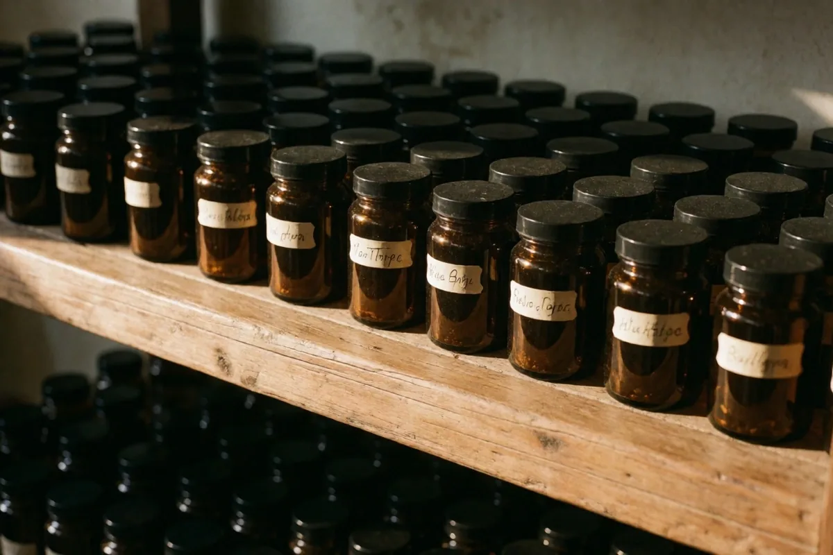 Labeled amber jars on a wooden drying shelf in warm atelier light