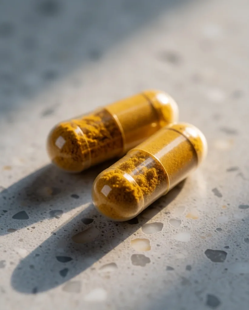 Natural capsules filled with golden powder on a terrazzo surface